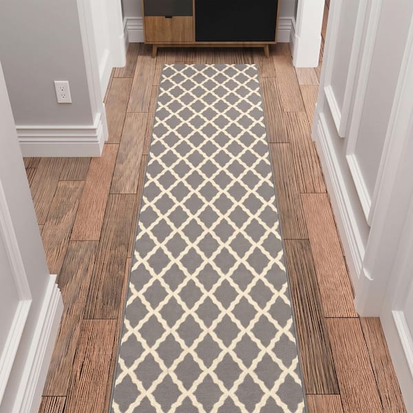 Indoor 1 ft. 10.5 in. x 11 ft. Gray Non-Slip Hallway Runner Rugs for High Traffic,Trellis Design Area Rug