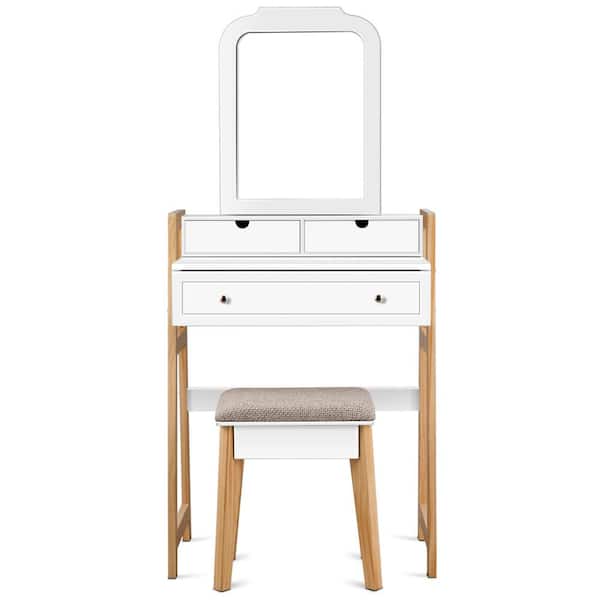 Costway White Makeup Vanity Table Dressing Table Cushioned Stool Set