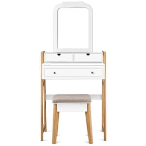 2-Piece White Makeup Vanity Table Set with 3-Drawers and Mirror Dressing Table and Cushioned Stool Set