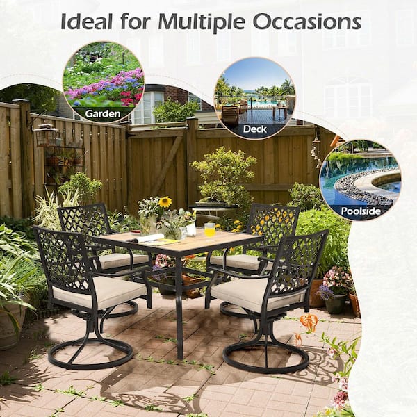 2-Piece Patio 360-Degree Swivel Metal Outdoor Dining Chair Lattice Rocker Armrest with Beige Cushion