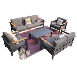 Lois Black 5-Piece Wood Patio Conversation Sofa Set with Black Cushions