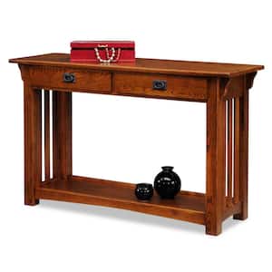 16 in. W Mission Impeccable 2-Drawer Hall Console Sofa Rectangle Table, Medium Oak, Wooden Top