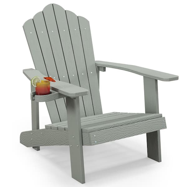 Gymax Patio HIPS Light Grey Outdoor Weather Resistant Slatted Chair Adirondack Chair with Cup Holder