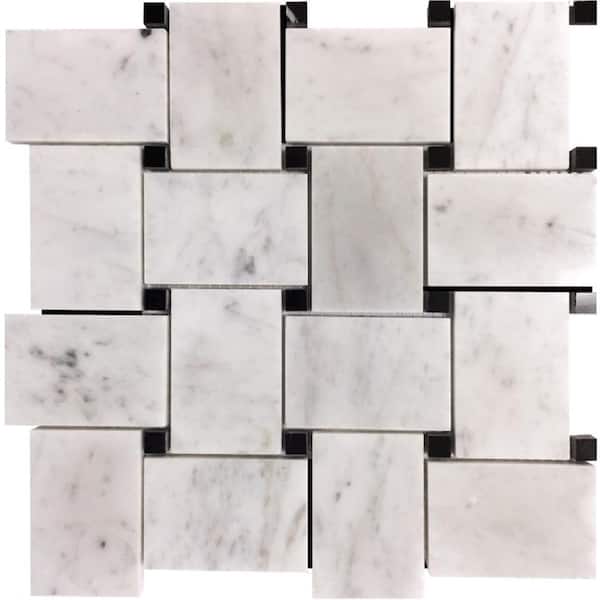 Apollo Tile White 4 in. x 5 in. Basket Weave with Dot Polished Marble Mosaic Tile Sample (0.13 sq. ft./Piece)