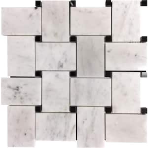 White 11 in. x 11 in. Basket Weave with Dot Polished Marble Mosaic Tile (4.20 sq. ft./Case)