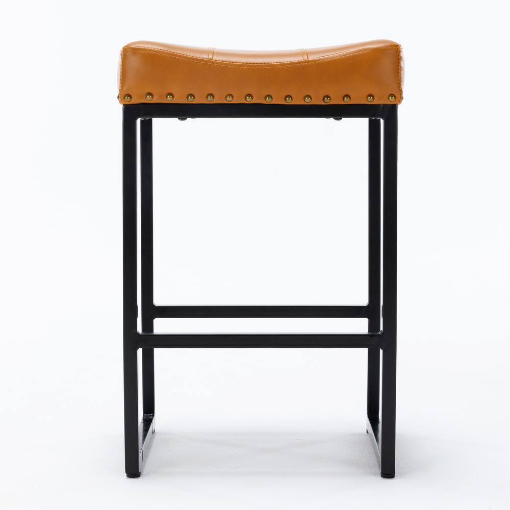 LUE BONA 24 in. Whiskey Brown Metal Counter Stool with Faux Leather Seat Backless Bar Stools