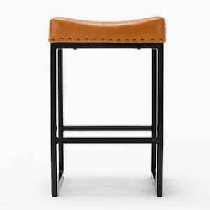 24 in. Whiskey Brown Metal Counter Stool with Faux Leather Seat Backless Bar Stools (Set of 3)