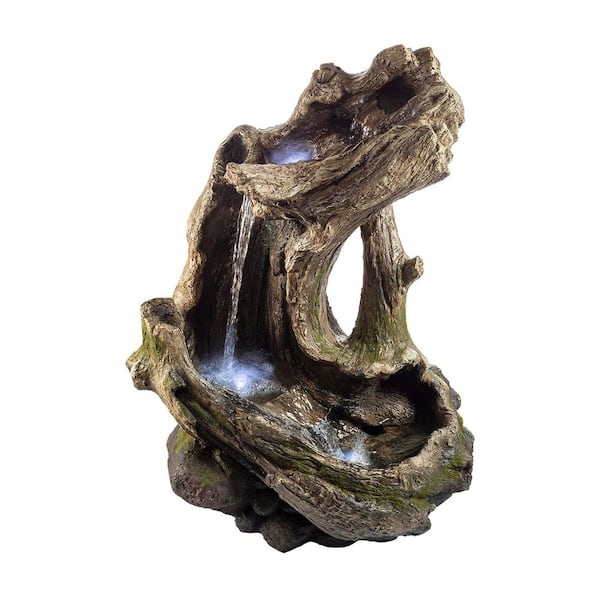 Alpine Corporation 41 in. Tall Outdoor Tiered Log Water Fountain with LED Lights, Rainforest Waterfall, Brown