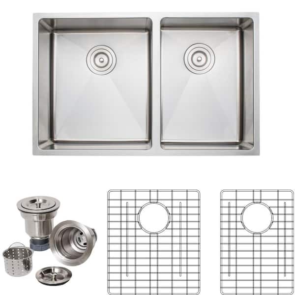 Wells The Chefs Series Undermount Stainless Steel 30 in. Handmade 60/40 Double Bowl Kitchen Sink Package