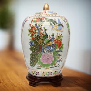 Oriental Furniture 11 in. Rose Medallion Satsuma Birds and Flowers Porcelain Vase Jar