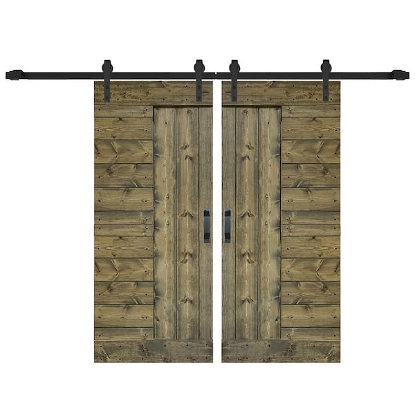 ISLIFE L Series 72 in. x 84 in. Aged Barrel Finished Solid Wood Double Sliding Barn Door with Hardware Kit - Assembly Needed