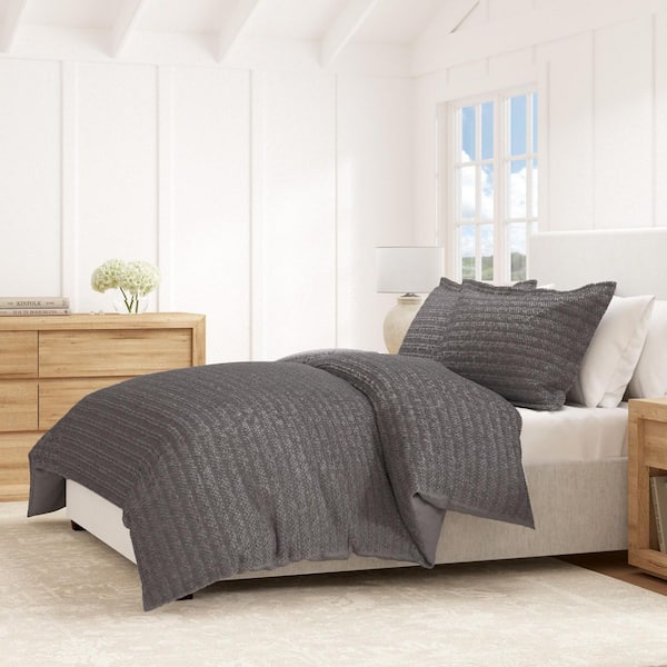 Grey 100% Cotton Textured 3-Piece Full / Queen Duvet Set with Shams