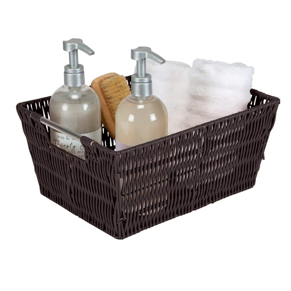 Chocolate Rattan Rectangular Storage Tote with Stainless Steel Handles