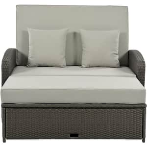 2-Person Gray Wicker Patio Reclining Outdoor Day Bed with Gray Cushions and Adjustable Back
