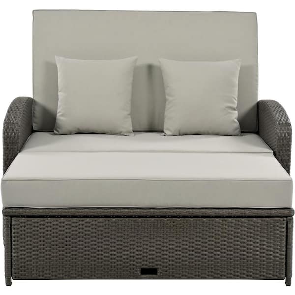 Zeus & Ruta 2-Person Gray Wicker Patio Reclining Outdoor Day Bed with Gray Cushions and Adjustable Back