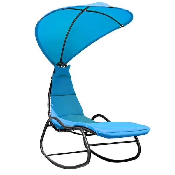 Gymax Steel Frame Patio Lounge Chair Chaise Garden with Turquoise Cushion Canopy