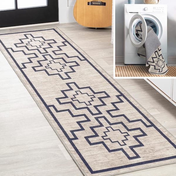 JONATHAN Y Ashkii Minimalist Medallion Machine-Washable Ivory/Black 2 ft. x 8 ft. Area Rug