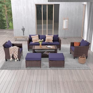 6-Piece Brown Wicker Outdoor Conversation Seating Sofa Set with Coffee Table, Navy Blue Cushions