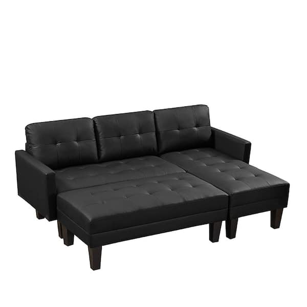 Z-joyee 80.71 in. W 3-piece Faux Leather L-Shape Left Facing Sectional Sofa in Black with Ottoman Bench