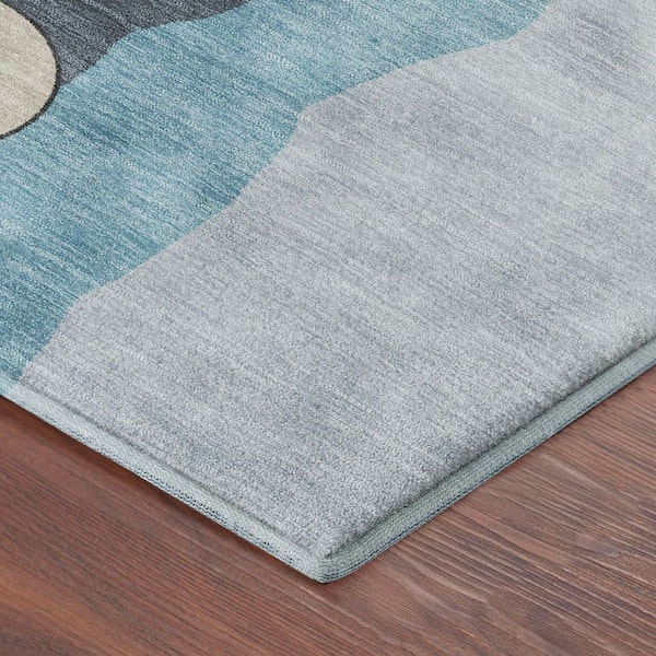Mayfield Premium Machine Washable Abstract AMF2252 Teal 8 ft. x 8 ft. Round Rug