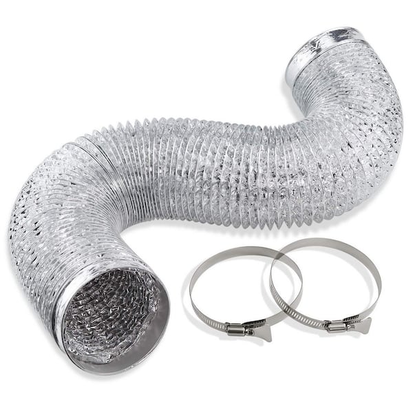 4 in. x 8 ft. Silver Aluminum Dryer Vent, Hose Ducting Vent, Hose Flexible Foil Non-Insulated with 2 Clamps, 1Pcs