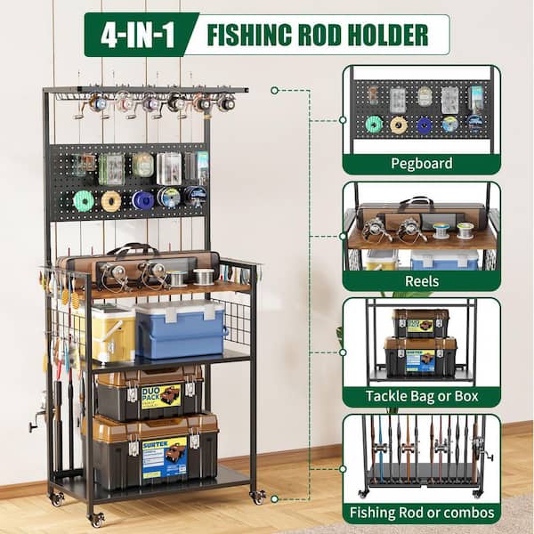 peg board fishing rod holder Fishing Rod Storage Rack with Pegboard, Rolling Tackle Organizer Cart,  Heavy Duty Metal Holders with Lockable Wheels ACIERIA-1