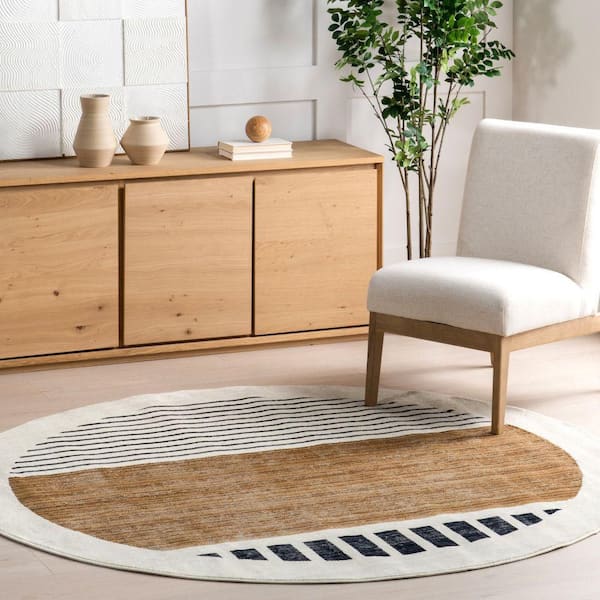 Keeva Modern Striped Fringe Beige 8 ft. x 10 ft. Living Room/Bedroom/Dining Room Area Rug