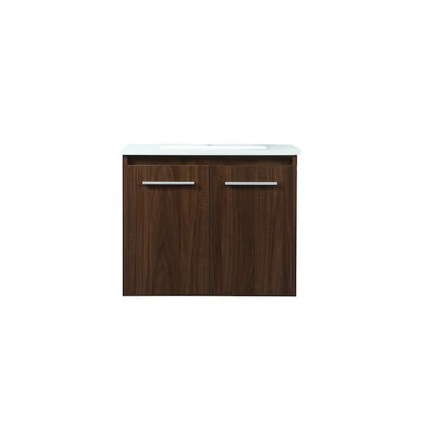 Unbranded Simply Living 24 in. W x 18 in. D x 19.7 in. H Bath Vanity in Walnut with Ivory White Engineered Marble Top