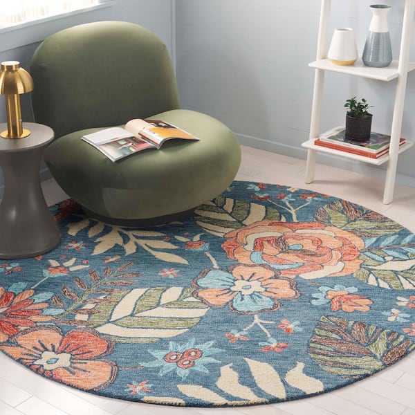 Jardin 6 ft. x 6 ft. Blue/Green Leaf Floral Round Area Rug