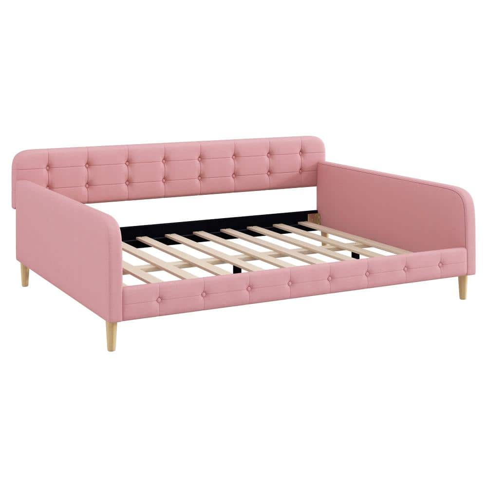 Rubine Queen Upholstered Daybed 85 in. Pink Linen Wood Frame with 4 Support Legs Assembled