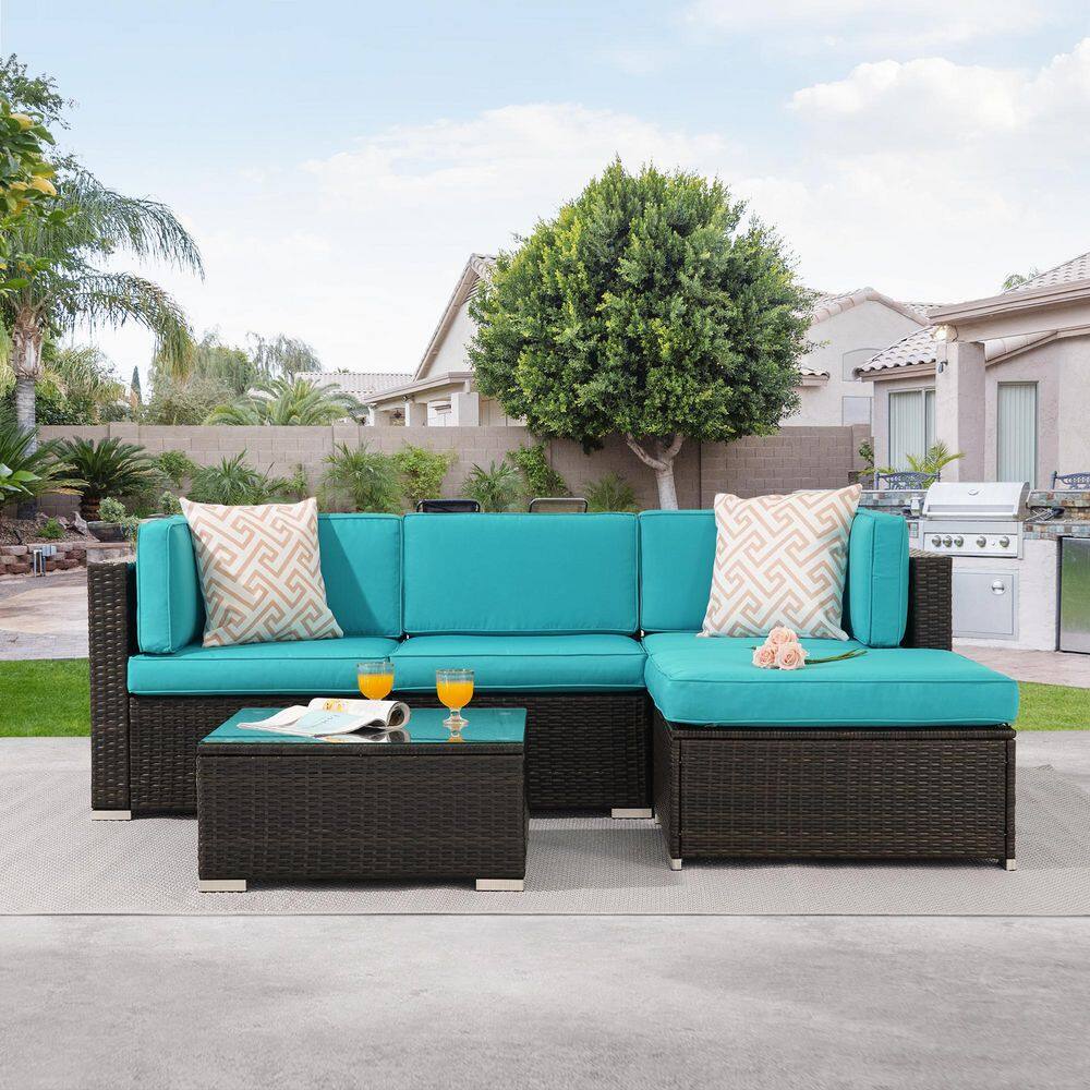 5-Pieces PE Rattan Wicker Outdoor Conversation Sectional Sofa Sets Sofa Sets With Tempered Glass Table in Turquoise price history on PriceWatchPro