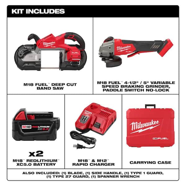 M18 FUEL 18V Lithium-Ion Brushless Cordless Deep Cut Bandsaw w/ (2) 5.0 Battery & Rapid Charger & Grinder
