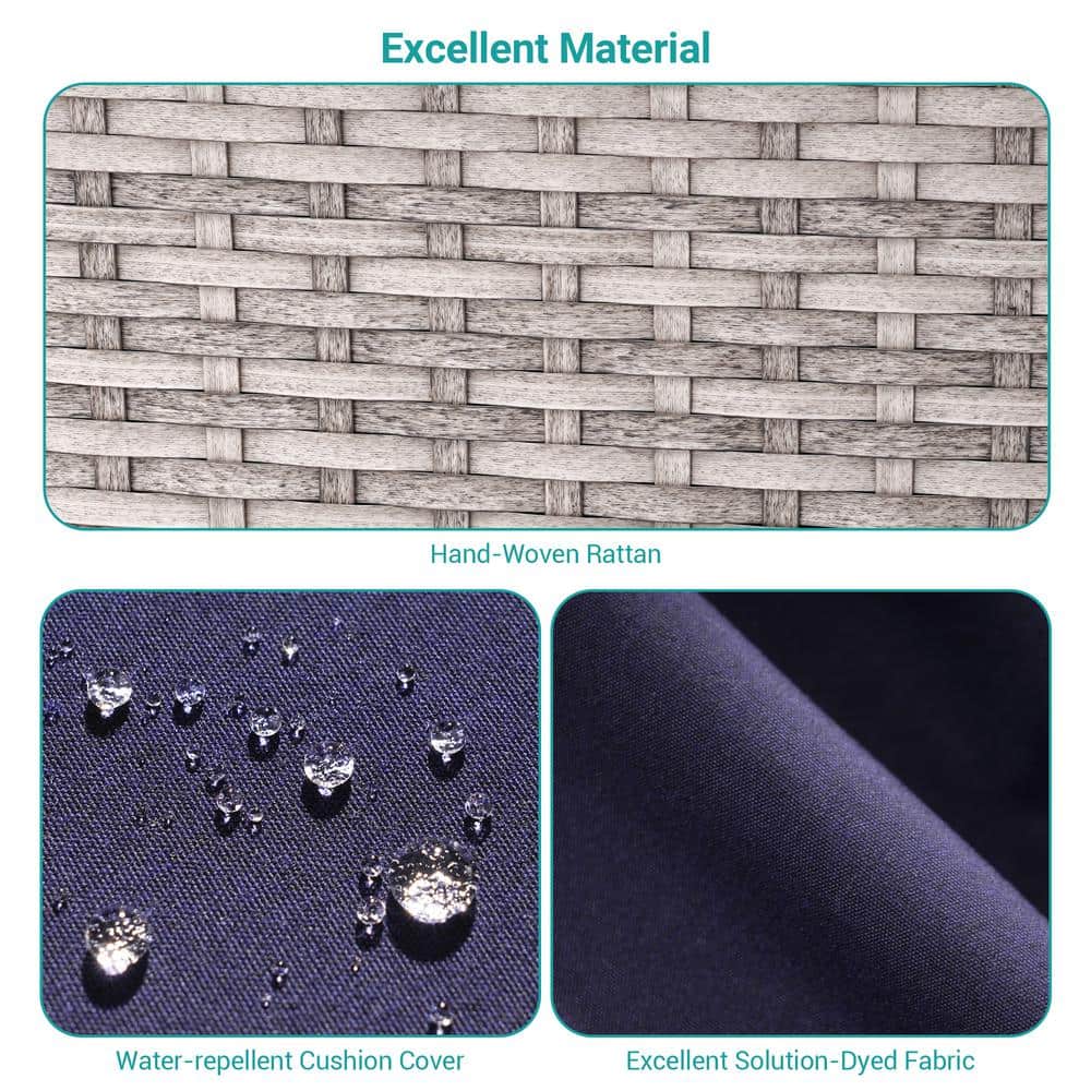 Close-up details of the hand-woven rattan and water-repellent navy blue fabric.