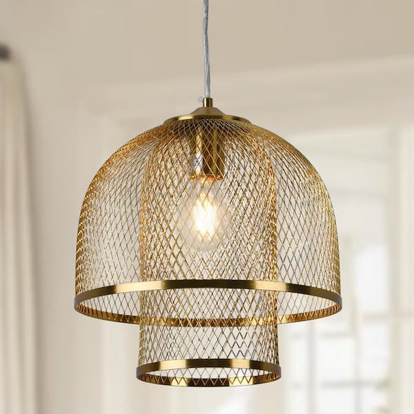 11.8 in. 1-Light Gold Dome Pendant Light with Double Metal Mesh Open Cage Shade, Bulbs Not Included