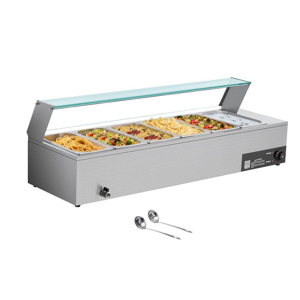 Commercial Food Warmer, 1500W Electric Stainless Steel Steam Table with Glass Lid, Includes 6 x 1/3 Size Pans