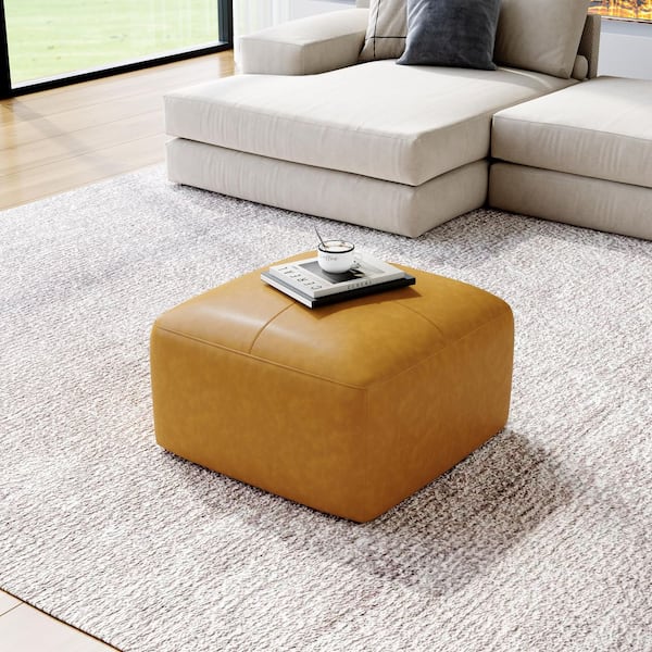 Uixe 22 in. Wide Mid-Century Brown Genuine Leather Square Ottoman