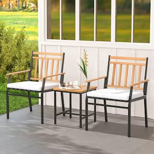 3-Piece Metal and Wood Patio Conversation Set with White Cushions