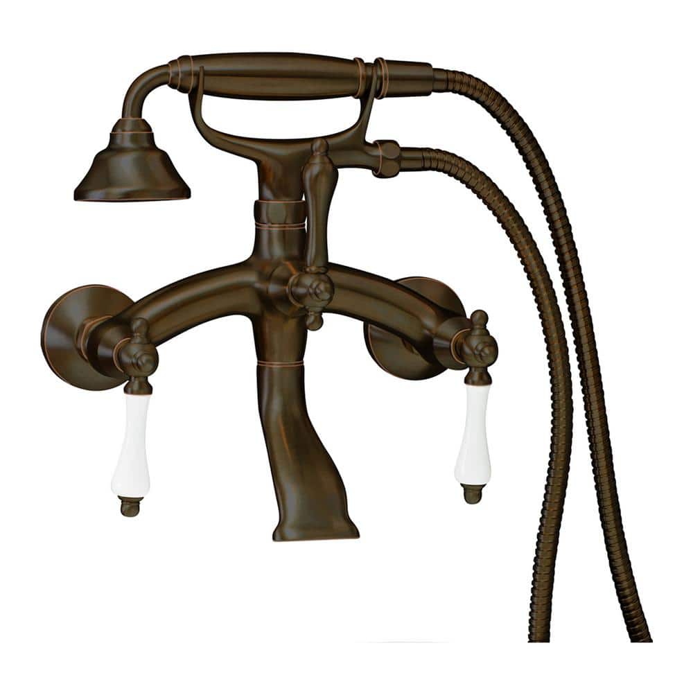 PELHAM & WHITE Vintage Style 3-Handle Wall Mount Claw Foot Tub Faucet with Porcelain Levers and Handshower in Oil Rubbed Bronze -  PW82555-P-ORB