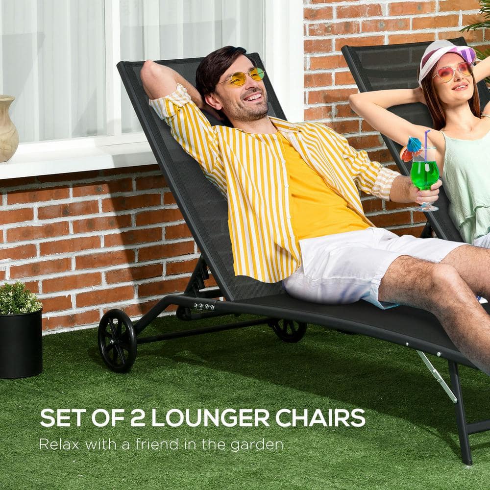 Black Mesh Adjustable Outdoor Chaise Lounge Set with Wheels
