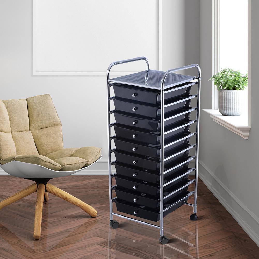Black 10-Drawer Rolling Storage Cart with Chrome Frame
