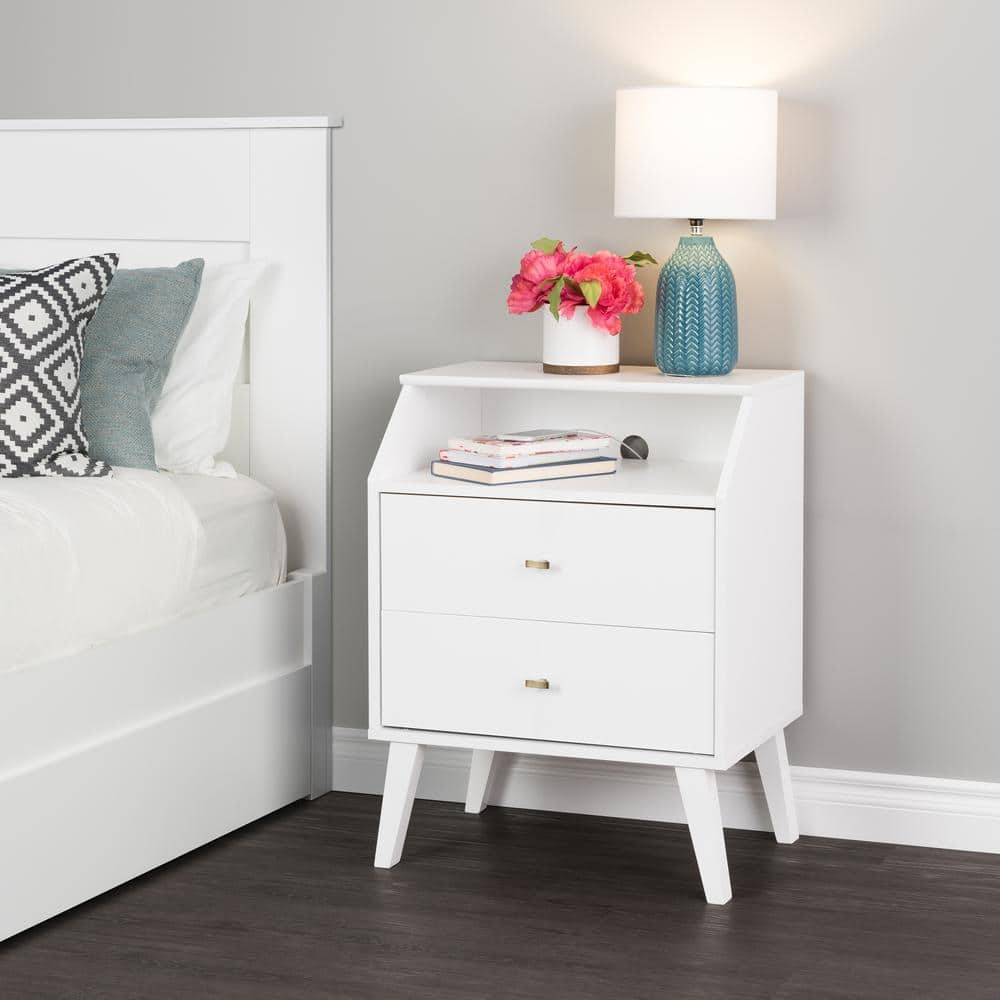 Prepac Milo Mid Century Modern White 2-Drawer Nightstand with Angled ...