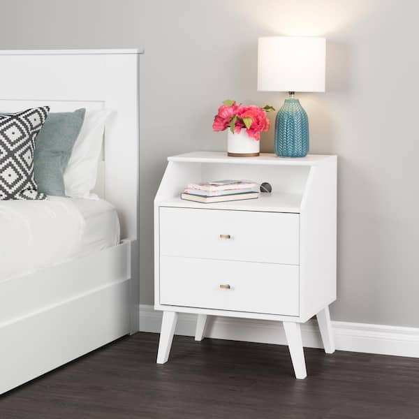 Prepac Milo Mid Century Modern White 2-Drawer Nightstand with Angled Top