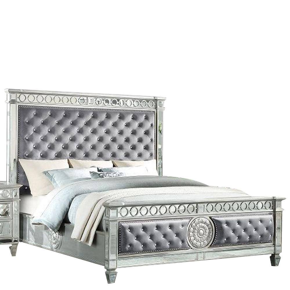 Varian Gray Velvet Upholstered Queen Bed with Mirrored Accents