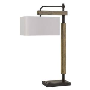 32 in. Alloa Dark Bronze Metal Wood Desk Lamp with Rectangular Linen Shade.