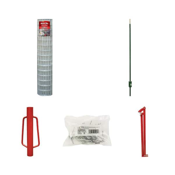 5 ft. x 50 ft. Welded Wire Fence, 7 ft. Steel T-Post, Post Driver, Fence Clips (25 per Bag) and T-Post Puller