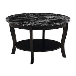 American Heritage 30 in. Black Round Faux Marble Top Coffee Table with Shelf