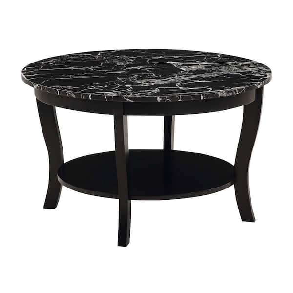 Convenience Concepts American Heritage 30 in. Black Round Faux Marble Top Coffee Table with Shelf