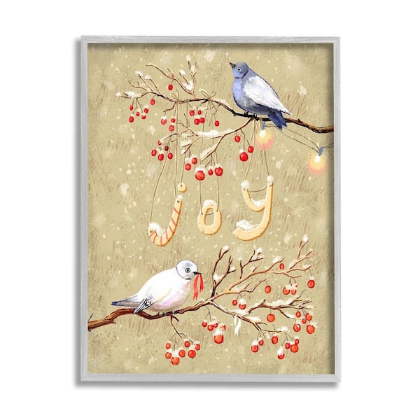 Stupell Industries Joy Birds on Winter Branch by Verbrugge Watercolor 1 Piece Framed Graphic Print Animal Poster Art Print 20 in. x 16 in.