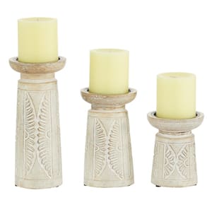 White Wood Handmade Floral Intricate Carved Pillar Candle Holder (Set of 3)