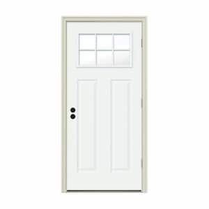30 in. x 80 in. 6 Lite Craftsman White Painted Steel Prehung Left-Hand Outswing Front Door w/Brickmould